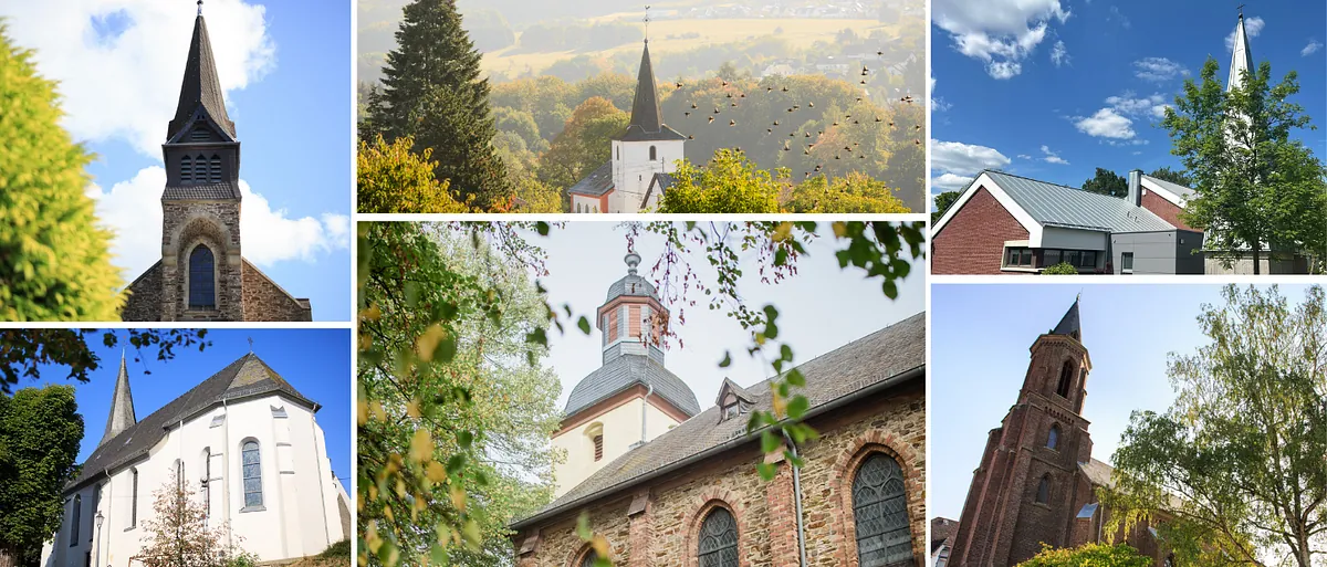 Sechs Kirchen der Gesamtkirchengemeinde Westerwald Süd in unterschiedlichen Baustilen